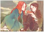  1girl a_song_of_ice_and_fire absurdres blue_eyes braid brown_hair cape cat catelyn_tully dress highres josco long_hair petyr_baelish red_hair redhead sleeping tree young 