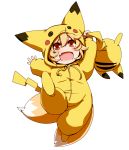  :d blonde_hair blush child cosplay dearmybrothers fox_tail highres holding multiple_tails open_mouth outstretched_arm pikachu pikachu_(cosplay) pokemon red_eyes short_hair smile solo stuffed_animal stuffed_toy tail touhou yakumo_ran young 