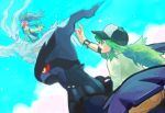  1girl baseball_cap brown_hair hat long_hair n_(pokemon) pokemon pokemon_(game) pokemon_bw ponytail reshiram riding tears touko_(pokemon) yasaitomato zekrom 