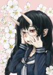  black_hair braid flower glasses highres horns oni open_mouth original pointy_ears polo_(pixiv1844541) red_eyes school_uniform serafuku single_braid tears 