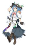  alternate_hair_length alternate_hairstyle blue_hair boots bottle bow dress fingerless_gloves food fruit full_body gloves hand_on_own_head hat highres hinanawi_tenshi leaf peach puffy_sleeves rakutyan97 red_eyes ribbon sheath sheathed short_hair short_sleeves simple_background smile solo sword touhou walking water_bottle weapon white_background 