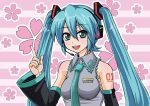  aqua_hair detached_sleeves green_eyes hatsune_miku headset long_hair looking_at_viewer necktie open_mouth pointing solo twintails vocaloid 