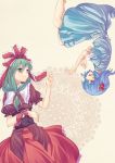  akatsuki_yuu blue_hair closed_eyes eyes_closed front_ponytail green_eyes green_hair hair_bobbles hair_ornament hair_ribbon kagiyama_hina kawashiro_nitori long_hair multiple_girls ribbon rotational_symmetry short_twintails skirt skirt_set smile touhou twintails 