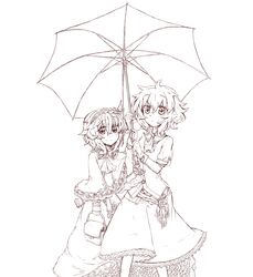  adapted_costume alice_margatroid ascot capelet gloves hairband highres kazami_yuuka monochrome multiple_girls pantyhose rl short_hair skirt smile touhou umbrella untucked 