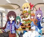  animal_ears bat_wings black_hair blonde_hair blue_eyes blue_hair blush bow bunny_ears candy cash_register cirno contemporary costume cup food green_eyes green_hair grey_eyes hair_bow halloween houraisan_kaguya jack-o&#039;-lantern kagamine_rin kyubey lavender_hair lawson mahou_shoujo_madoka_magica mug multiple_girls mystia_lorelei name_tag noodles open_mouth rabbit_ears ramen red_eyes reisen_udongein_inaba rumia shopping sitting touhou tsurukou_(tksymkw) vocaloid wings wriggle_nightbug yukkuri_shiteitte_ne 