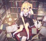  arm_up blonde_hair blue_eyes book bookcase bookshelf la-na lace lightbulb mary_janes original quill_pen shoes side_ponytail sitting smile solo white_legwear wrist_cuffs 