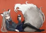  ahoge animal_ears black_legwear book brown_eyes copyright_request fox_ears fox_tail glasses long_hair on_back original pantyhose polo_(pixiv1844541) reclining ribbon school_uniform serafuku skirt tail white_hair 