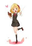  :d black_legwear blonde_hair blush book commentary_request fang glasses hair_ribbon heart holding jigatei_(omijin) kneehighs leg_up loafers looking_at_viewer necktie open_book open_mouth red_eyes ribbon rumia shoes short_hair skirt sleeveless_blazer smile socks solo touhou 