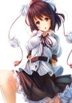  :o absurdres arms_behind_back black_hair blush brown_hair dress_shirt fal_maro hat highres leg_up looking_at_viewer red_eyes shameimaru_aya shirt short_hair skirt solo tokin_hat touhou white_background wings 