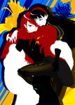  amagi_yukiko ass ass_grab black_hair bodysuit feather_boa female flat_color flower hairband highres houndstooth hug ian_chase kirijou_mitsuru leg_hold leg_lock lily_(flower) lips lipstick long_hair makeup multiple_girls pantyhose persona persona_3 persona_4 persona_4:_the_ultimate_in_mayonaka_arena red_eyes red_hair redhead school_uniform silhouette skirt standing watermark web_address yuri 