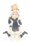  1girl aqua_eyes arm_warmers blonde_hair boots brother_and_sister highres hug kagamine_len kagamine_rin kaisaki open_mouth short_hair shorts siblings simple_background smile vocaloid 