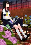  ascot bench black_hair blush book brick brown_eyes checkered checkered_floor flower highres hydrangea kneehighs long_hair mikan_(ama_no_hakoniwa) open_mouth original school_uniform sitting skirt solo sunset 