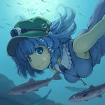  1girl blue_eyes blue_hair breasts fish hair_bobbles hair_ornament hat kawashiro_nitori key kuro_oolong short_twintails sleeveless smile solo touhou twintails underwater 