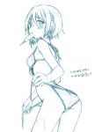  artist_request bikini blue blush from_behind hair_ornament hairclip looking_back mahou_shoujo_madoka_magica miki_sayaka monochrome mouth_hold popsicle short_hair sketch solo swimsuit translation_request untied untied_bikini untying wet wet_hair 
