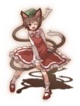  animal_ears bow brown_hair cat_ears cat_tail chachi_(azuzu) chen earrings hat jewelry multiple_tails open_mouth short_hair single_earring smile solo tail touhou wink 