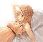  arm_up armpits asuna_(sao) breasts brown_eyes brown_hair jewelry long_hair lying makimura_shunsuke necklace on_back pillow sideboob smile solo sword_art_online 