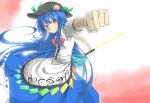  blue_hair bow clenched_hand dress flat_chest food foreshortening fruit hat highres hinanawi_tenshi long_hair nobamo_pieruda outstretched_arm peach red_eyes reverse_grip ribbon skirt smirk solo sword_of_hisou touhou weapon 