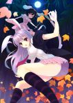  ahoge animal_ears autumn_leaves bamboo blazer brown_hair bunny_ears carrot down_(artist) dress food full_moon impossible_clothes impossible_shirt inaba_tewi jewelry kneehighs leaf long_hair mochi moon moonlight multicolored_eyes multiple_girls nayuta_(una) necklace necktie night night_sky panties pink_dress plaid plaid_skirt pleated_skirt puffy_short_sleeves puffy_sleeves purple_hair rabbit_ears reisen_udongein_inaba short_hair short_sleeves skirt skirt_lift sky striped striped_legwear striped_panties touhou underwear wagashi wink 
