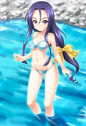  akechi_mitsuhide_(oda_nobuna_no_yabou) bikini blue_hair long_hair masakichi_(crossroad) oda_nobuna_no_yabou purple_eyes ribbon stream swimsuit violet_eyes wading 