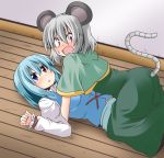  animal_ears blue_hair blush capelet girl_on_top grey_hair heterochromia ichimi juliet_sleeves long_sleeves lying mouse_ears mouse_tail multiple_girls nazrin on_back on_ground open_mouth puffy_sleeves purple_eyes shirt shocked_eyes short_hair skirt tail tatara_kogasa touhou violet_eyes yuri 