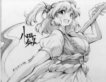  ario breasts bust cleavage coin graphite_(medium) hair_bobbles hair_ornament monochrome obi onozuka_komachi open_mouth scythe shikishi short_hair short_twintails smile solo touhou traditional_media twintails 