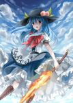  blue_hair blue_sky boots bow cloud clouds cross-laced_footwear food fruit hat hinanawi_tenshi long_hair open_mouth peach puffy_sleeves red_eyes shirt short_sleeves skirt sky smile solo sumi_mi sword_of_hisou touhou turning 