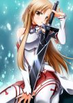  asuna_(sao) asuna_(sword_art_online) braid breastplate brown_hair detached_sleeves female highres long_hair panties pantsu pantyshot sitting solo sumeragi_tomo sword sword_art_online thigh-highs thighhighs underwear wariza weapon white_legwear white_panties yellow_eyes 