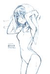  armpits arms_up artist_request blue drying_hair mahou_shoujo_madoka_magica miki_sayaka monochrome one-piece_swimsuit school_swimsuit short_hair sketch solo swimsuit towel towel_on_head wet wet_hair 