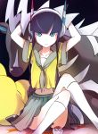  black_hair blue_eyes headphones inae_keiji inaesake kamitsure_(pokemon) long_hair poke_ball pokemon pokemon_(game) pokemon_bw2 school_uniform sitting skirt socks zebstrika 