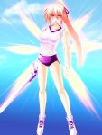  alternate_costume blonde_hair blush breasts buruma engo_(aquawatery) fiery_wings glowing gym_uniform hair_ribbon highres levantine long_hair lyrical_nanoha mahou_shoujo_lyrical_nanoha_strikers ponytail purple_eyes ribbon signum solo sword unison violet_eyes weapon 