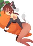  animal_ears bare_shoulders beiruto blush breasts brown_eyes brown_hair bunny_ears bunny_girl bunny_tail bunnysuit carrot cleavage detached_collar elbow_gloves gertrud_barkhorn gloves hug pantyhose rabbit_ears short_hair solo strike_witches tail twintails wide_hips 