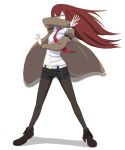  belt blue_eyes brown_hair jacket legwear_under_shorts long_hair long_sleeves makise_kurisu necktie pantyhose pose ribonzu shorts solo steins;gate 