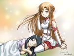  2girls asuna_(sao) black_hair blanket brown_eyes brown_hair dated detached_sleeves lap_pillow long_hair multiple_girls saiun_nagisa sitting skirt skirt_lift sleeping sword_art_online thigh-highs thighhighs white_legwear yokozuwari yui_(sao) zettai_ryouiki 