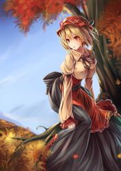  aki_minoriko autumn_leaves blonde_hair breasts dress fal_maro food fruit grapes hat highres red_eyes short_hair sitting solo touhou tree 