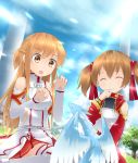  :o ^_^ armor asuna_(sao) bare_shoulders blush breastplate brown_eyes brown_hair closed_eyes detached_sleeves dragon eyes_closed hands_to_mouth haribote_(tarao) long_hair multiple_girls open_mouth pina_(sao) short_hair short_twintails silica sitting smile sunbeam sunlight sword_art_online thigh-highs thighhighs twintails white_legwear 