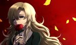  blonde_hair blue_eyes flower flowers gradient gradient_background harano highres holding ib long_hair mary_(ib) petals red_rose rose solo tears 