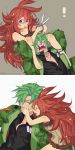  1girl absurdres camouflage dandruff dog_tags flaky flippy green_eyes green_hair happy_tree_friends height_difference highres kaboom-chuck long_hair military military_uniform personification red_eyes red_hair redhead scissors short_hair uniform 