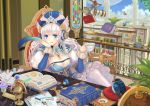  animal arm_support bird blue_eyes book bookmark bookshelf breasts candy carrying chair cleavage cloud clouds crossed_legs cup cupcake desk dress flower flower_pot globe hat headphones highres inkwell legs_crossed long_hair pillow pixiv pixiv-tan quill sitting sky stained_glass tea teacup teddy_yang telescope thigh-highs thighhighs white_hair white_legwear 