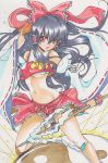  absurdres bare_legs bare_shoulders black_hair bow detached_sleeves gohei hair_bow hair_tubes hakurei_reimu highres long_hair marker_(medium) mound_of_venus navel ofuda rascal_(n119) red_eyes slender_waist solo touhou traditional_media wide_sleeves 