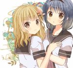  blonde_hair blue_hair braid brown_eyes collarbone furutani_himawari hair_ornament hairband hairclip hand_on_head l;ooking_at_viewer looking_at_viewer multiple_girls oomuro_sakurako open_mouth ryoutan school_uniform serafuku smile twin_braids yuru_yuri 