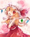  :d ascot blonde_hair fang flandre_scarlet hands_to_mouth hat hat_ribbon highres open_mouth red_eyes ribbon sakura_ran side_ponytail skirt skirt_set smile solo sparkle touhou wings 