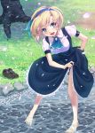  :d ascot barefoot blonde_hair blue_eyes blue_hair blush dress dress_lift feet feet_in_water grass hairband loafers maru_(sara_duke) open_mouth original petals shoes shoes_removed short_hair skirt_hold smile soaking_feet solo standing toenails toes tree wading water 