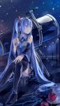  apple blue_eyes blue_hair boots detached_sleeves food fruit hatsune_miku highres long_hair necktie sitting skirt sky solo star_(sky) starry_sky telescope thigh-highs thigh_boots thighhighs twintails very_long_hair vocaloid zhanzhan_lan 