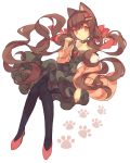  1girl animal_ears bare_shoulders black_legwear brown_hair cardigan cat choker dress hair_ornament hair_ribbon hairclip highres long_hair low_twintails original paw_pose paw_print red_eyes red_shoes ribbon shoes short_dress simple_background solo twintails white_background yasiromann 