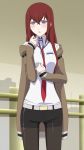  belt blue_eyes blush breasts brown_hair jacket legwear_under_shorts long_hair long_sleeves makise_kurisu necktie pantyhose ribonzu shorts solo steins;gate 