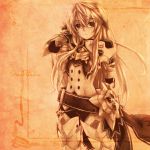  ag.kaito armor bad_id character_name chung elsword long_hair male monochrome orange_(color) shield smile solo 