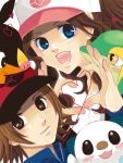  1boy 1girl baseball_cap blue_eyes blush brown_eyes brown_hair hat heart long_hair open_mouth oshawott pokemon pokemon_(creature) pokemon_(game) pokemon_bw smile snivy tegaki tepig touko_(pokemon) touya_(pokemon) 