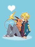  1boy blonde_hair blue_background blue_eyes casual denji_(pokemon) heart jacket pokemon pokemon_(creature) pokemon_(game) pokemon_dppt raichu shoes simple_background sitting sneakers tegaki 