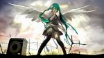  bird cloud cloudy_sky fence from_below green_eyes green_hair hatsune_miku highres long_hair loundraw microphone microphone_stand open_mouth outdoors panties pleated_skirt rough signature singing skirt sky solo standing striped striped_panties thigh-highs thighhighs twintails underwear upskirt very_long_hair vocaloid wings 