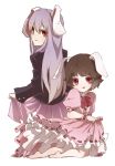  animal_ears barefoot brown_hair bunny_ears byurin carrot clothes_grab dress full_body inaba_tewi kneeling multiple_girls purple_hair rabbit_ears reisen_udongein_inaba touhou white_background 